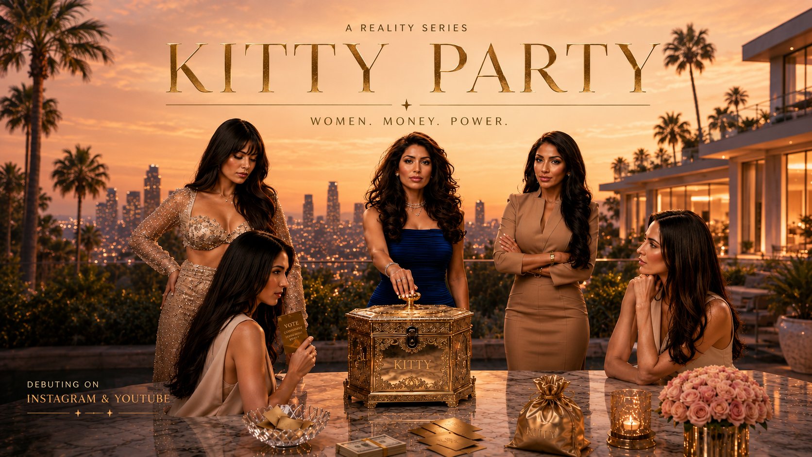 Kitty Party — A Reality Series. Five women around a gold kitty box at a Beverly Hills villa at dusk. Women. Money. Power. Debuting on Instagram & YouTube.